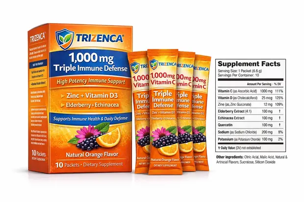 Trizenca 1000mg Triple Immune Defense – box with 10 orange stick packs